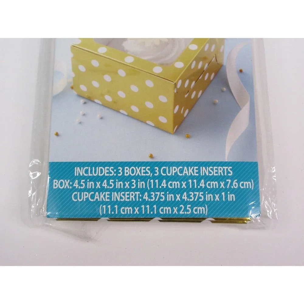 Celebrate Treat Boxes with Window & Cupcake Insert Gold White Polka Dots 3ct ea